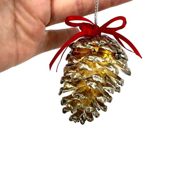 Silver Pine Pinecone Ornament With Red Bow - Picture 1 of 15